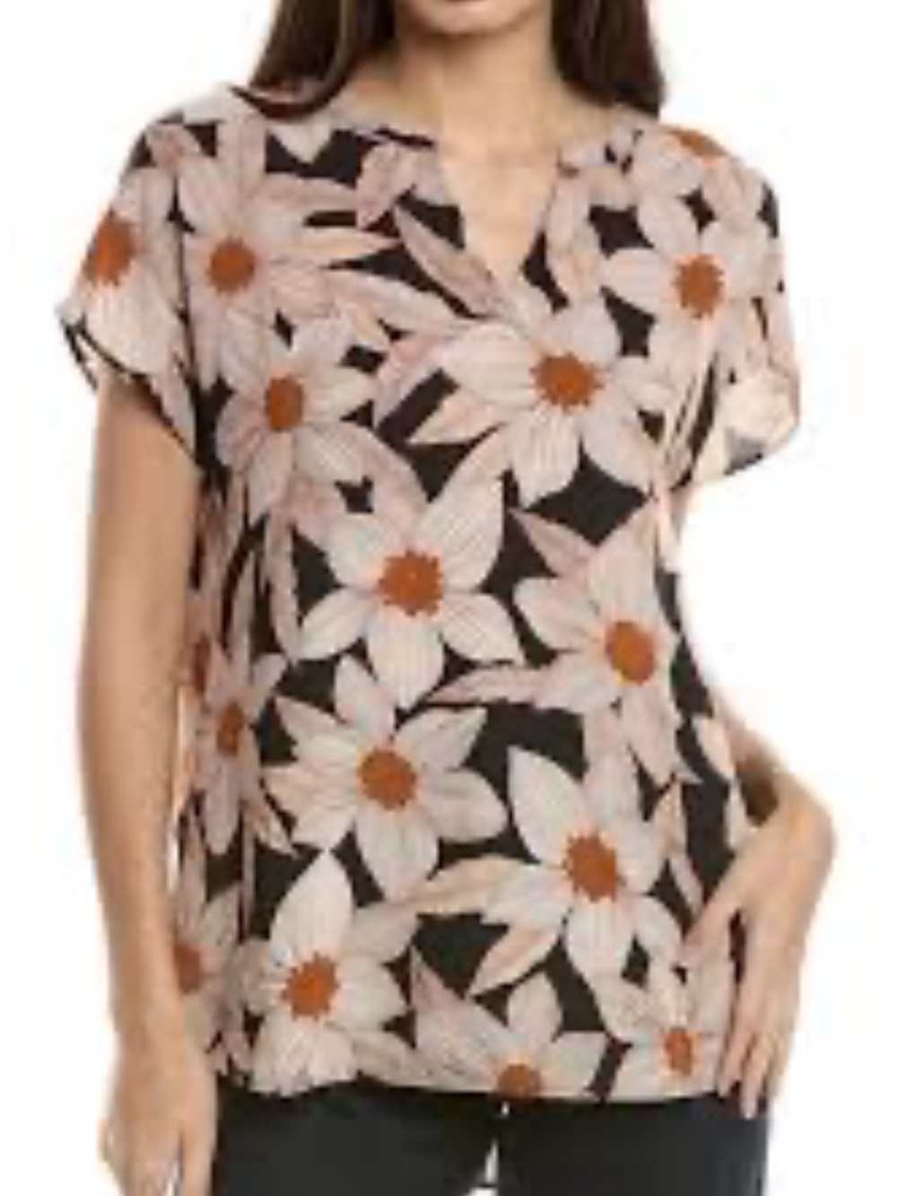 CAbi Meadow Top Black with Rust and Cream Flowers V-Neck Oversized S